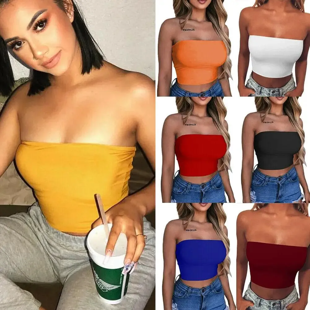 Women's Tube Tops Strapless Sexy Crop Top Solid Color Stretchy Tank Tops Camis