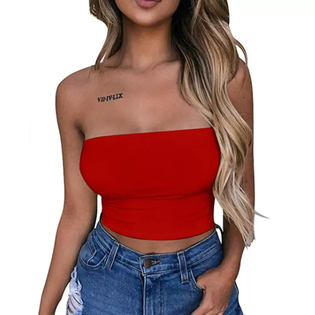 Women's Tube Tops Strapless Sexy Crop Top Solid Color Stretchy Tank Tops Camis