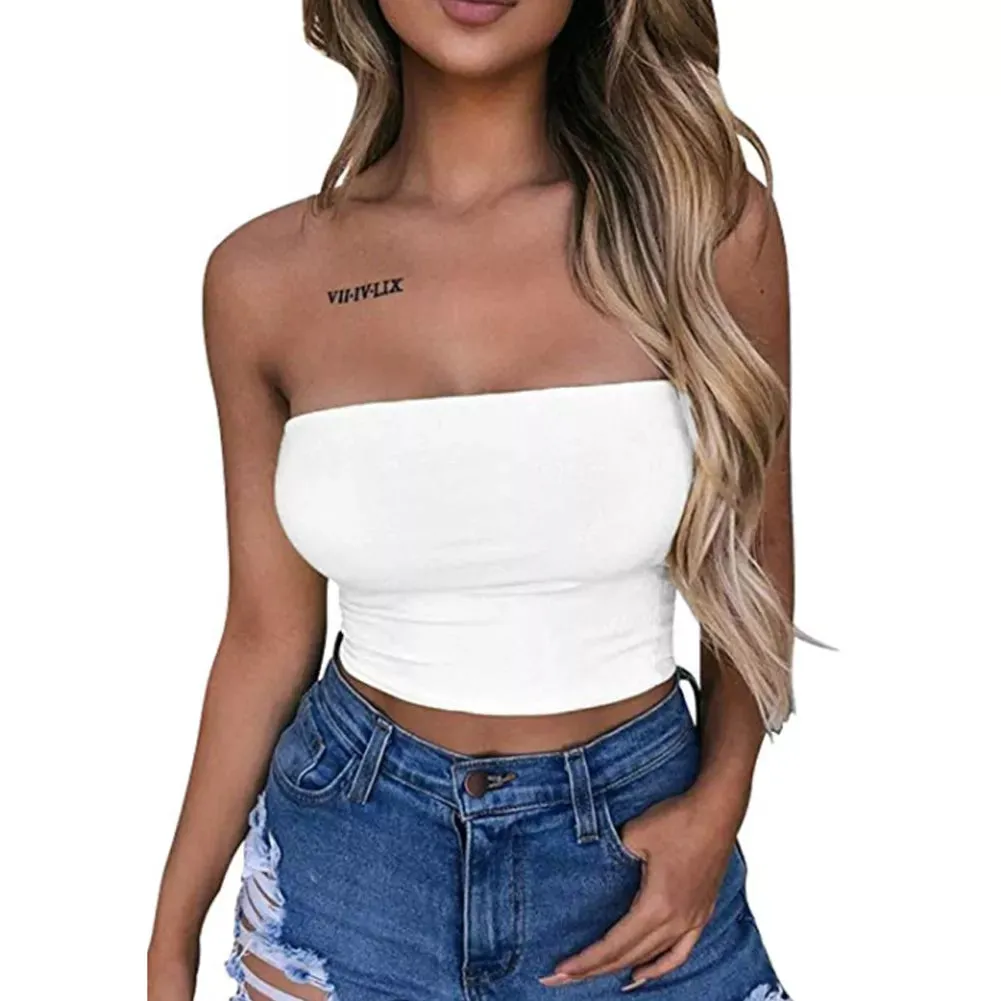 Women's Tube Tops Strapless Sexy Crop Top Solid Color Stretchy Tank Tops Camis