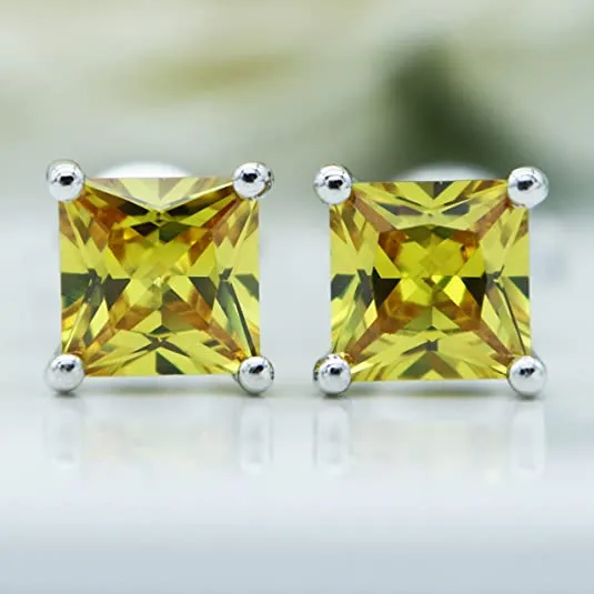 Yellow created Citrine 925 Sterling Silver Stud Earrings